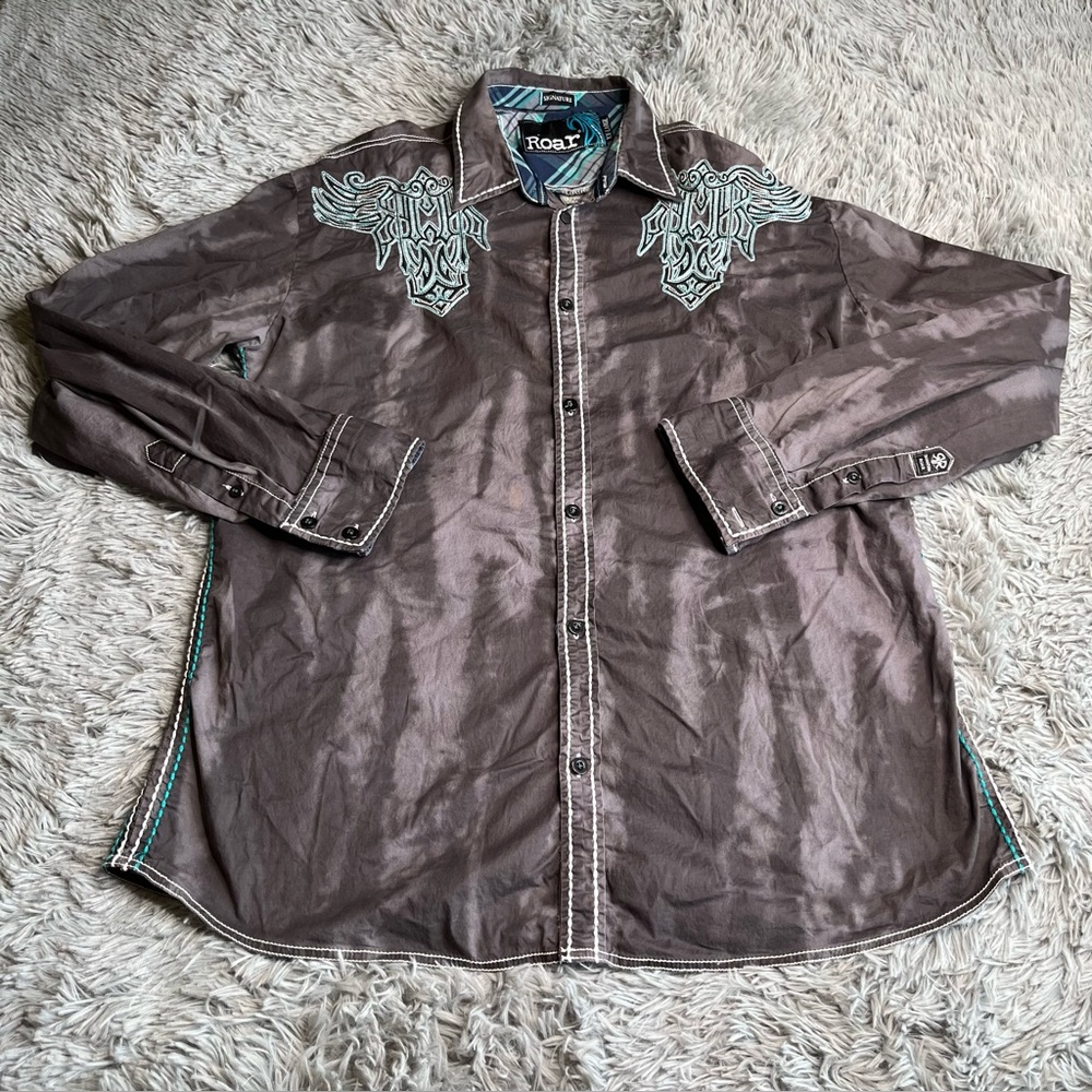 Roar Button Up Shirt Mens XXL Embroidered Gray Bleached Long Sleeve